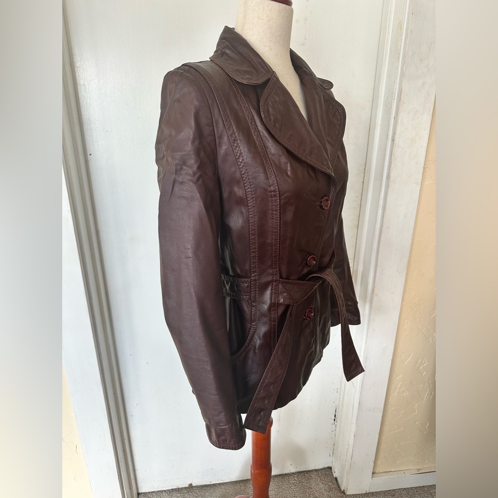Vintage Nordstrom The Brass Plum Burgundy Leather Jacket Attached Belt Size S - Picture 3 of 8